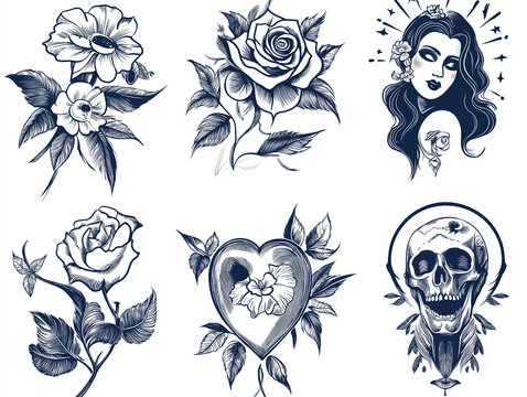Flower heart woman and scalp tatto samples
