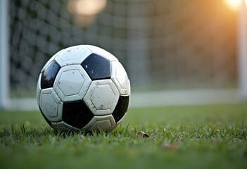 Obraz premium Soccer football on green grass field and goal post 