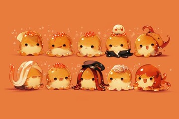 Cute Cartoon Octopus Characters on Orange Background