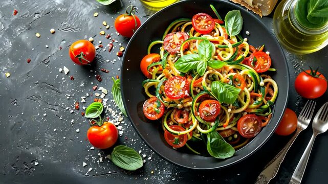 A plate of zucchini noodles with cherry tomatoes and basil is ready to be enjoyed