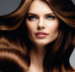 Fototapeta premium A portrait of a woman with sleek, glossy, long wavy hair, capturing her natural beauty and emphasizing the healthy shine and volume of her hairstyle.