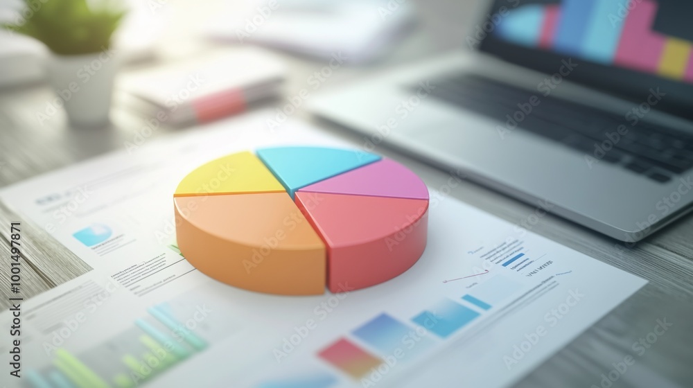 Poster a high-angle view of a 3d pie chart with labeled segments, placed on a desk alongside business docum