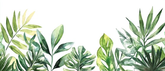 Obraz premium Watercolor painting of lush green tropical leaves on a white background.