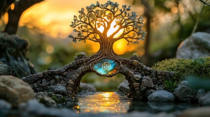 Diorama of the tree of life carved out of labradorite with the sun setting behind it. A river flows under a bridge into a pond in the foreground.