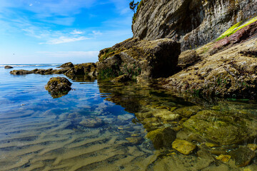 Clear water Tidepool with Rock Formation on Short Sand Beach at Cape Falcon Orgeon © cleanslate