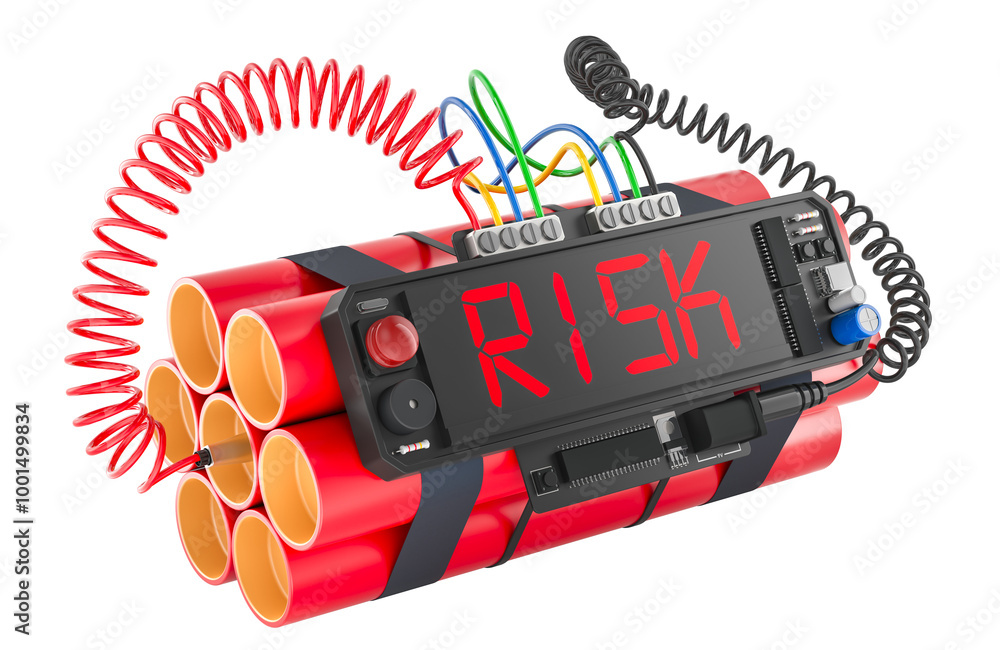 Poster risk concept. time bomb explosive with risk word on timer, 3d rendering isolated on transparent back