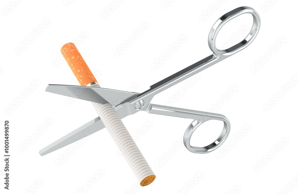 Poster scissors cutting of cigarette. stop smoking, concept, 3d rendering isolated on transparent backgroun