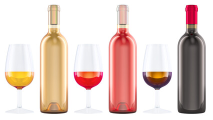 Red, white and rose wine bottles and glasses full of wine, 3D rendering isolated on transparent background