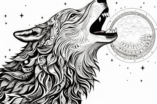 Highly detailed zentangle illustration of a wolf howling at the moon, perfect for coloring enthusiasts looking for intricate designs
