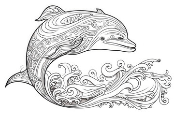 This intricate coloring page design features a playful dolphin leaping through stylized waves, with a zentangle pattern perfect for relaxation and mindfulness