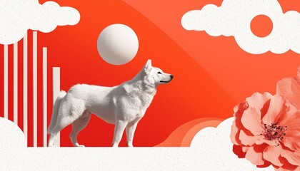 A majestic white dog stands against a vibrant abstract background, bathed in warm colors and surrounded by whimsical clouds.