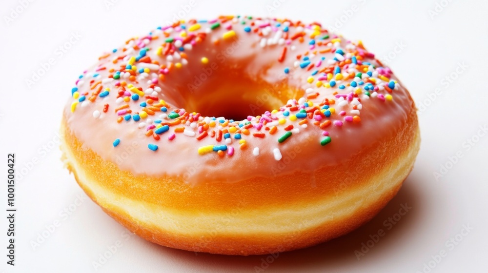Poster a high-resolution image of a classic donut with a shiny glaze and colorful sprinkles, set against a 