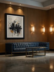 An empty canvas frame on a lobby wall, perfect for showcasing art.