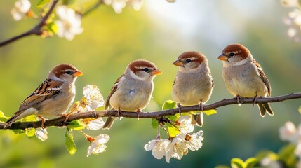 Funny little birds sit on a branch in a spring