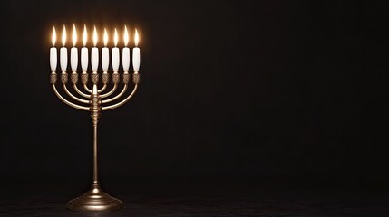 Fototapeta premium A classic menorah with multiple candles lit against a dark background, symbolizing the Jewish celebration of Hanukkah.
