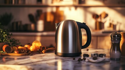 A high-resolution image of a kettle on a marble countertop, with a background of ingredients and kitchen gadgets, ready for making hot beverages.