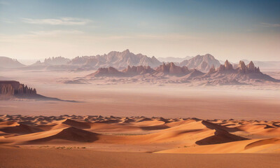 The Sahara Desert stretches out before a range of dramatic mountains in the early morning light