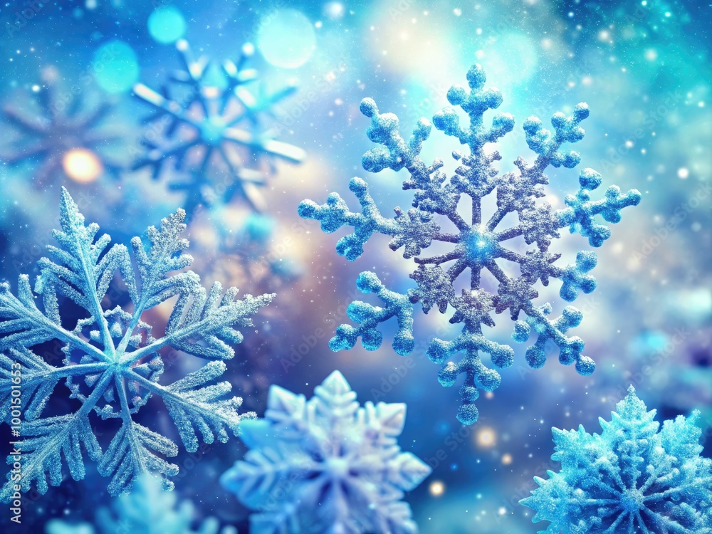 Poster delicate snowflake background with intricate patterns in a soft blue winter wonderland setting