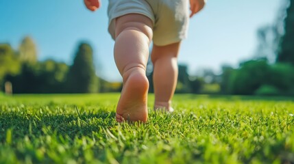 A diverse toddler joyfully explores soft grass barefoot under a clear blue sky