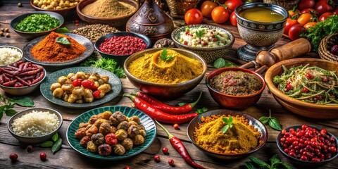 Fototapeta premium Delicious Arabic Food Spread Featuring Traditional Dishes and Colorful Spices on a Rustic Table