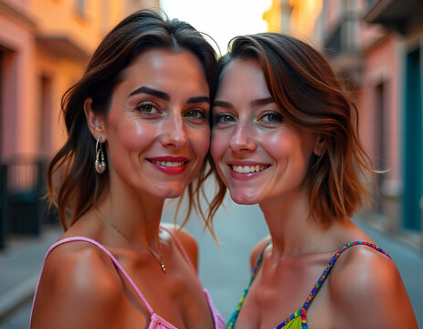 Two young lesbian women with colorful hair kissing, with a blurred street background, lgbt