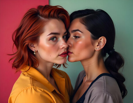 Two young lesbian women with colorful hair kissing, with a vibrant orange background, lgbt