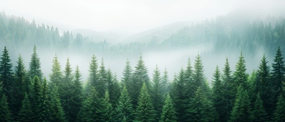 Fototapeta premium Foggy forest landscape with evergreen trees