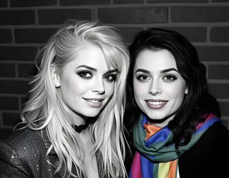 Two young lesbian women with colorful hair kissing, with a blurred street background, lgbt, photo white and black