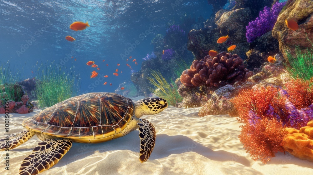 Poster a high-resolution image of a sea turtle resting on a sandy coral reef, with colorful fish swimming n