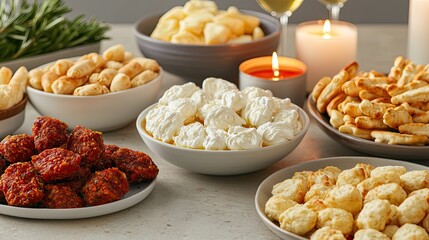 Fototapeta premium A vibrant display of assorted snacks and appetizers arranged on a table, featuring bowls of various treats and soft lighting creating a cozy atmosphere.