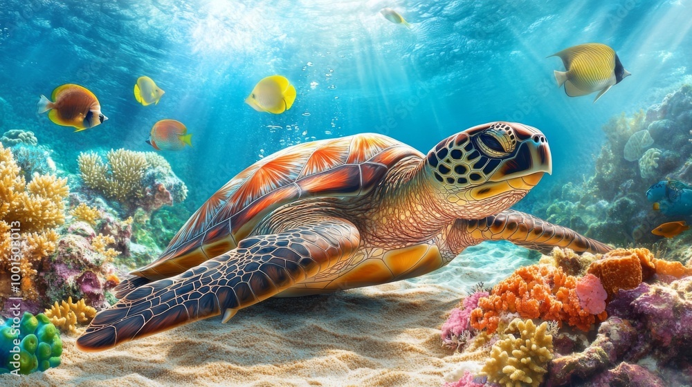 Poster a high-resolution image of a sea turtle resting on a sandy coral reef, with colorful fish swimming n