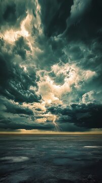 Dark clouds gather as a thunderstorm brews, with lightning striking across the expansive plain