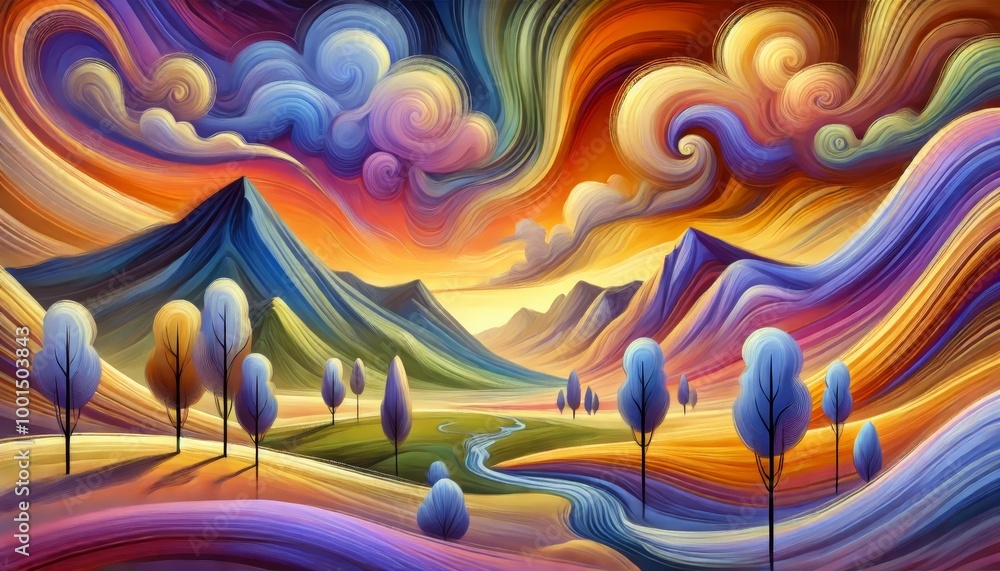 Poster 4k abstract bg with moving multicolor lines or ribbons forming curl noise on plane. concept of abstr