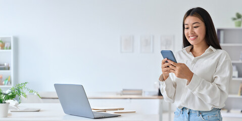 Banner of young asian woman using phone holding online video chat via mobile application....