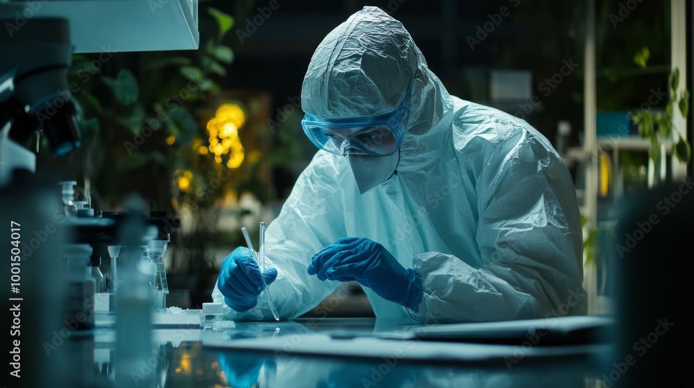Poster a scientist in a lab coat and gloves is writing on a piece of paper