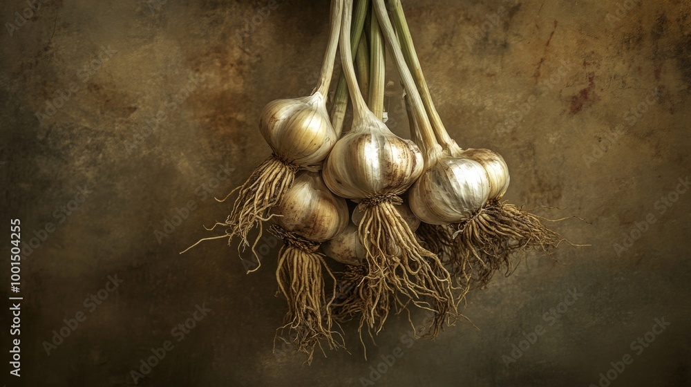 Poster a high-resolution image of garlic bulbs hanging in a bunch, with their roots and stems still attache