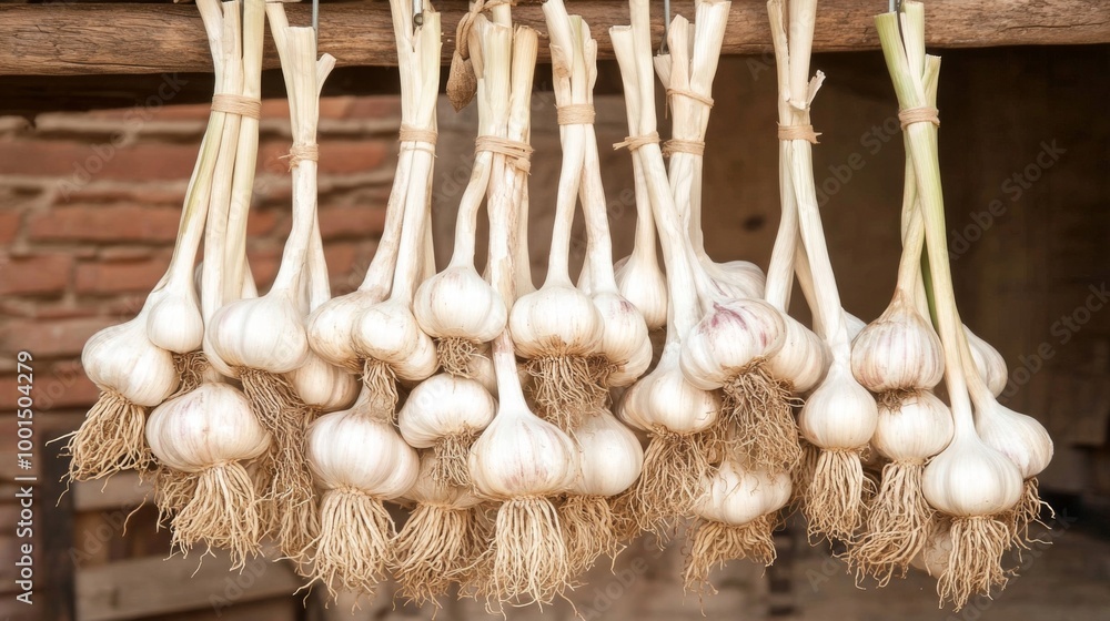 Poster a high-resolution image of garlic bulbs hanging in a bunch, with their roots and stems still attache
