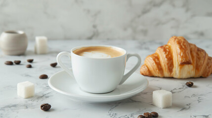 Morning coffee cup with latte art on marble table, alongside croissant and sugar cubes