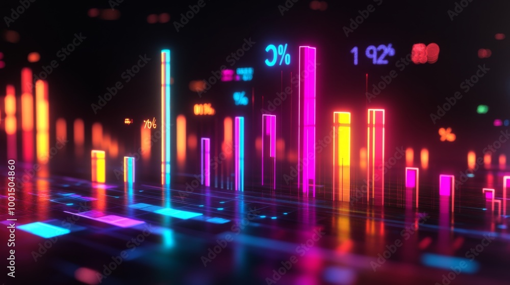 Aufkleber a high-tech bar chart featuring glowing neon bars, representing financial trends, set against a dark