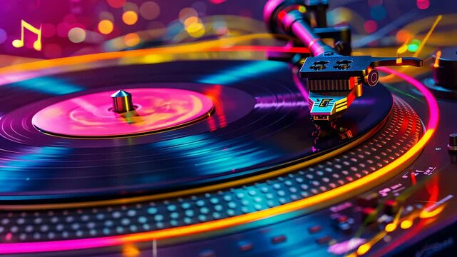 Vibrant turntable colorful lights at party