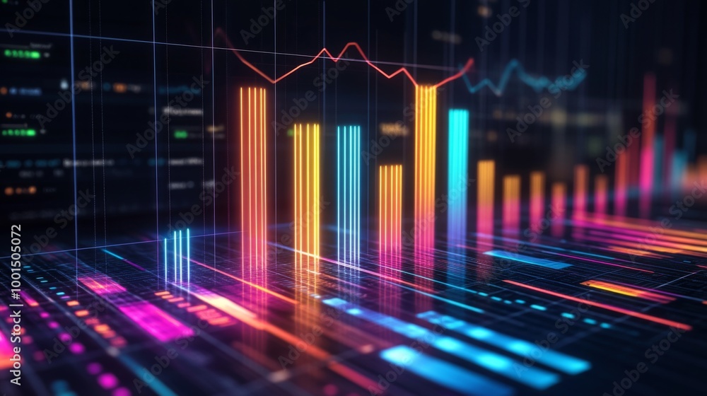 Poster a high-tech bar chart featuring glowing neon bars, representing financial trends, set against a dark