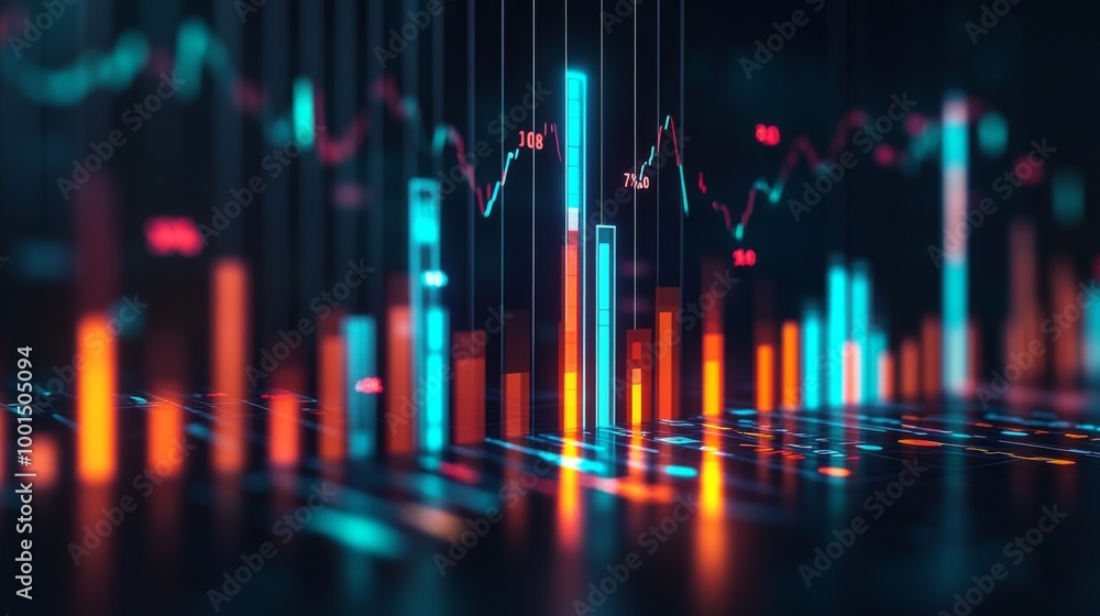 Poster a high-tech bar chart featuring glowing neon bars, representing financial trends, set against a dark