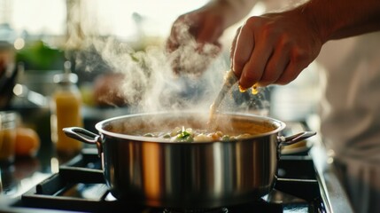 A home cook adding spices to a bubbling pot of soup on the stove, with a focus on the rich, aromatic flavors being developed in the kitchen.