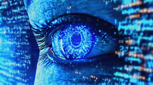 A digital eye icon hovers over a wave of binary code, scanning and flashing blue light, cybersecurity vigilance and real-time monitoring, 4k High-Quality Video technology Background