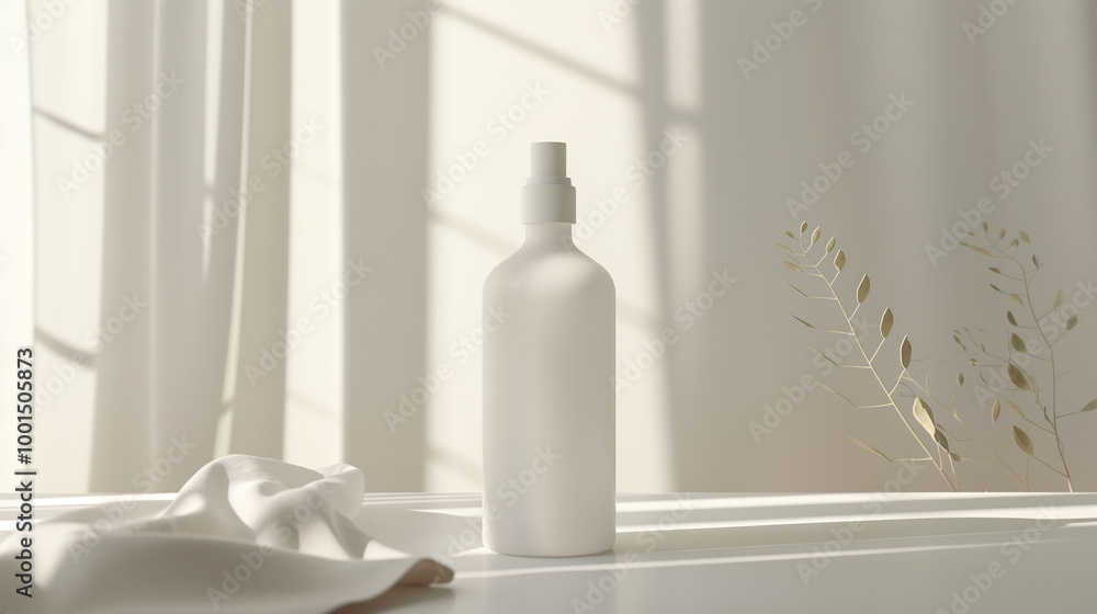 Poster Elegant white spray bottle with decorative shadows and sunlight in a minimalist modern background