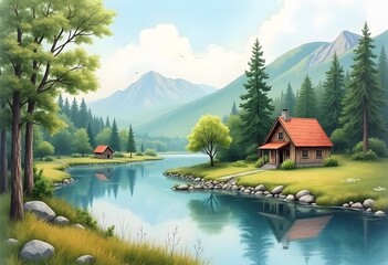Fototapeta premium Autumn landscape background with small cabin near the lake nature background illustration 