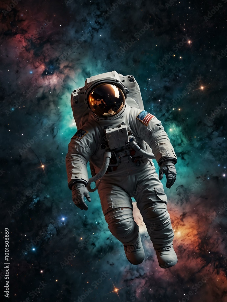 Poster astronaut floating in space surrounded by stars and nebulae.
