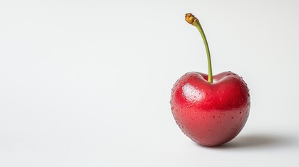 A red cherry with a green stem is sitting on a white background. The cherry is shiny and wet, and it looks like it's about to fall off the stem
