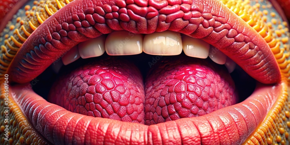 Poster detailed close-up of human tongue under microscope showcasing unique texture and cellular structure