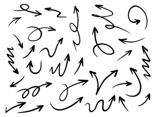 Hand drawn arrows collection Set simple flat arrows isolated on white background. Arrow mark icons and arrow paint. Stock vector. EPS10.